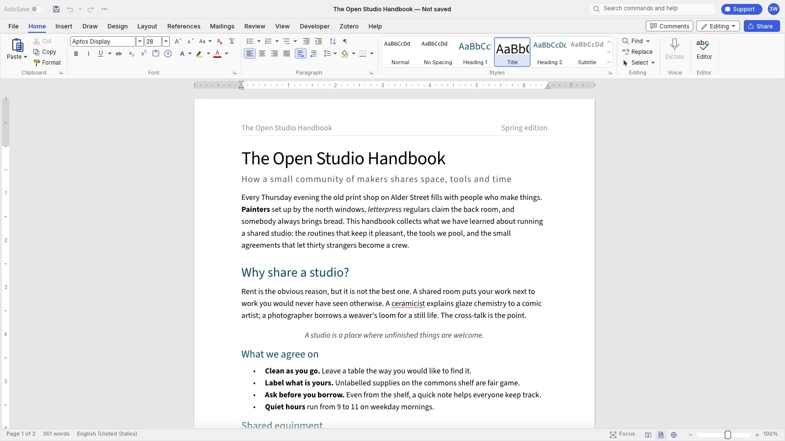 365visual Word workspace